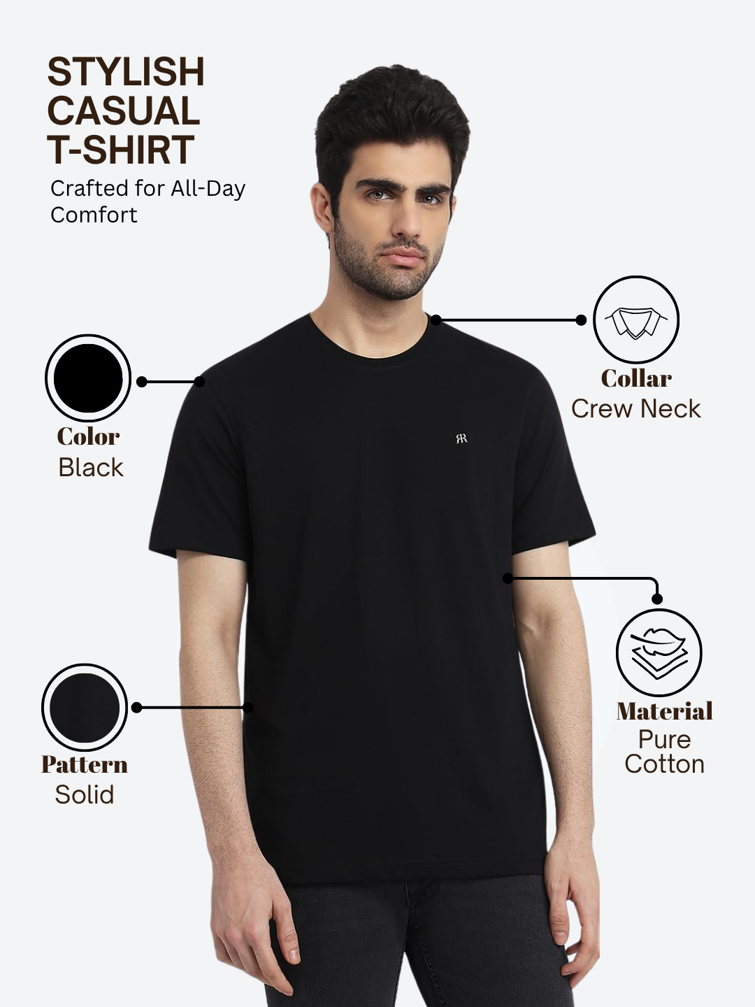 Raymond Men Black Regular Fit Solid Crew Neck Collar T-Shirt