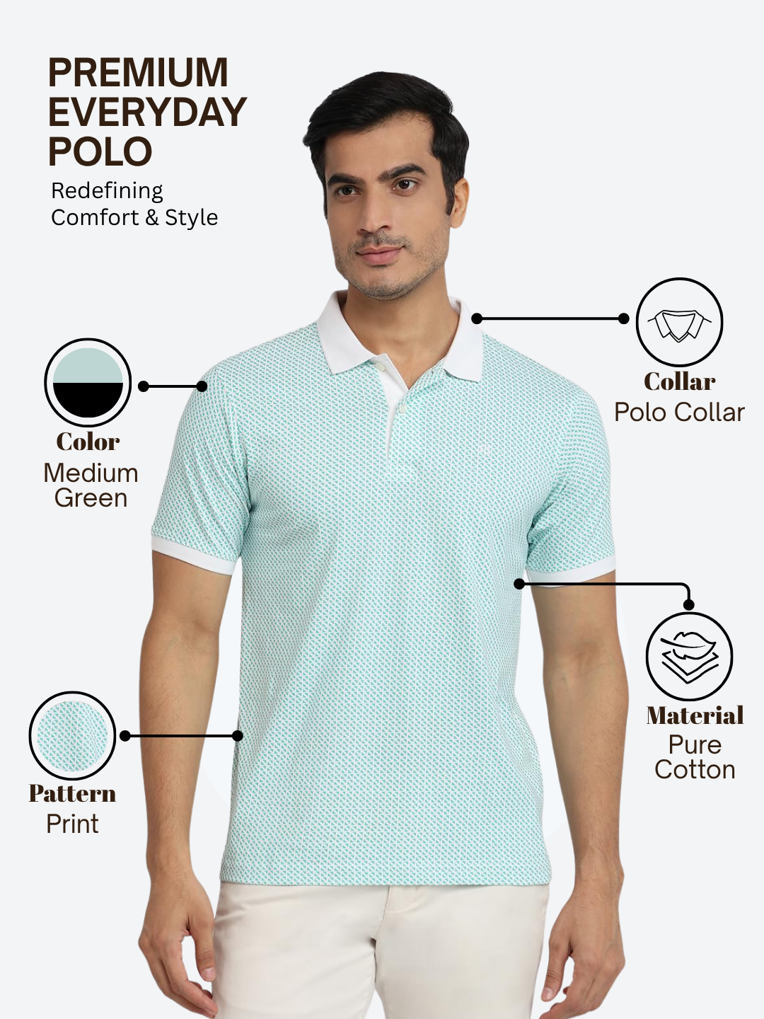 Raymond Men Green Modern Fit Print Polo Neck Collar T-shirt