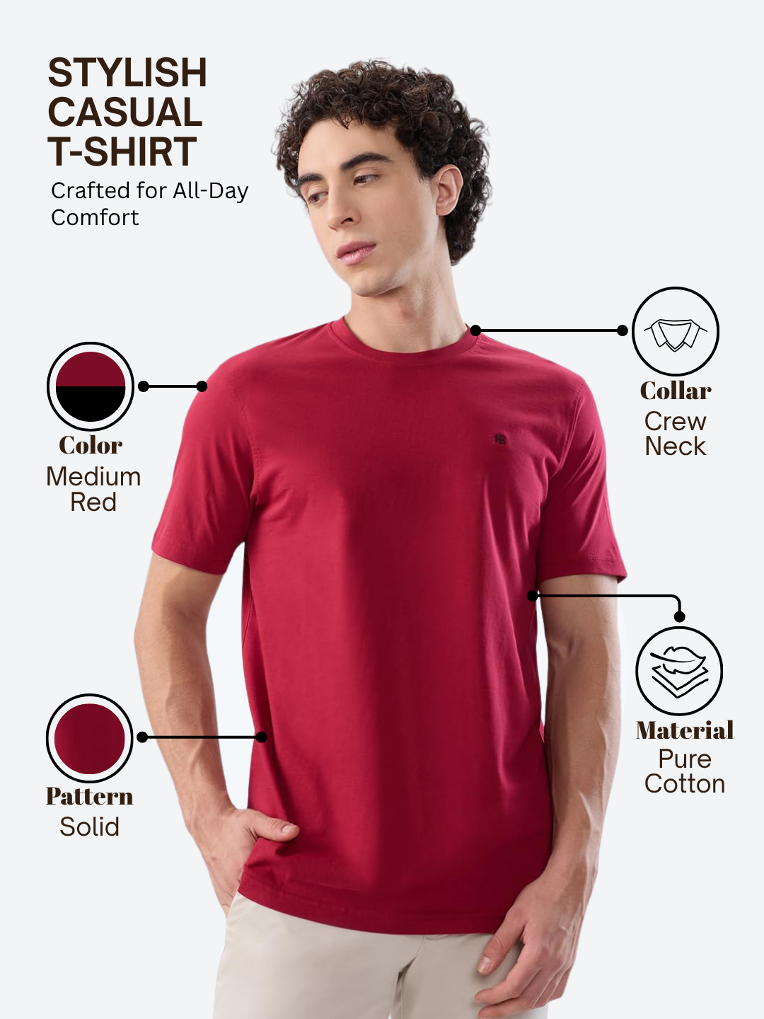 Raymond Men Red Regular Fit Solid Crew Neck Collar T-shirt