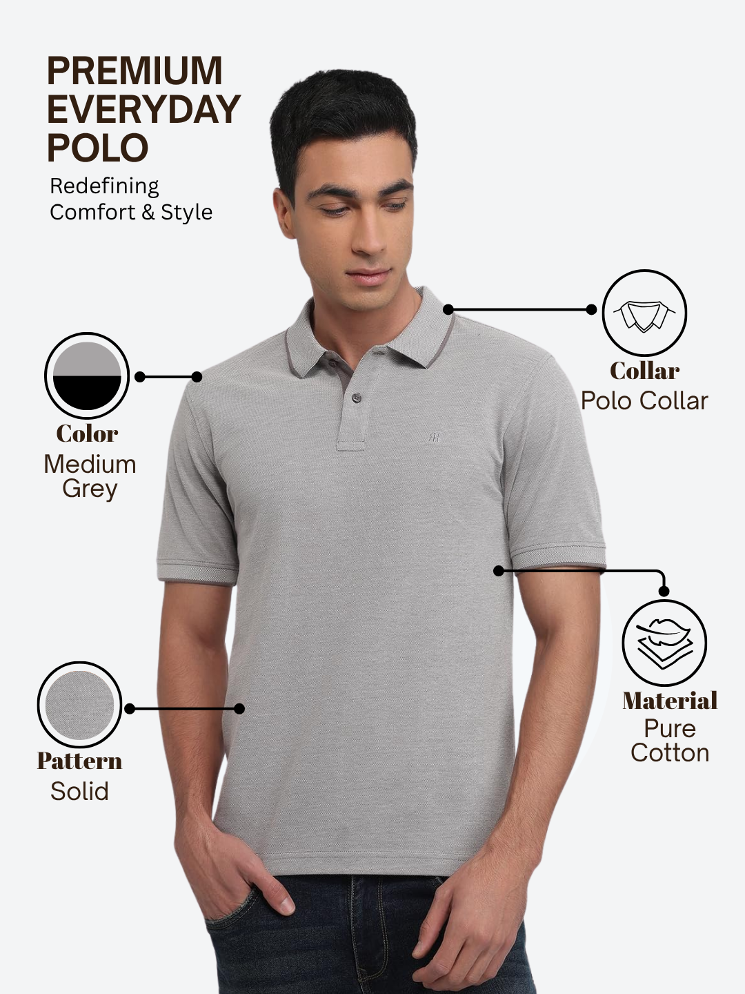 Raymond Men Grey Modern Fit Solid Polo Neck Collar T-shirt
