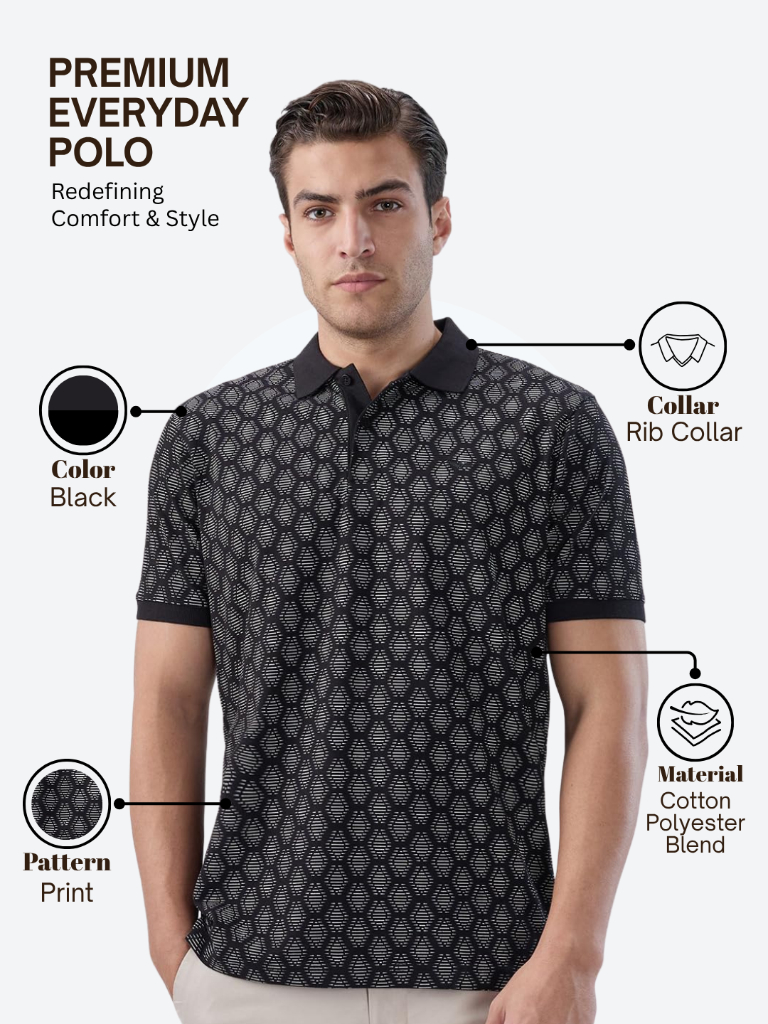 Park Avenue Men Black Slim Fit Print Polo Neck Collar T-shirt