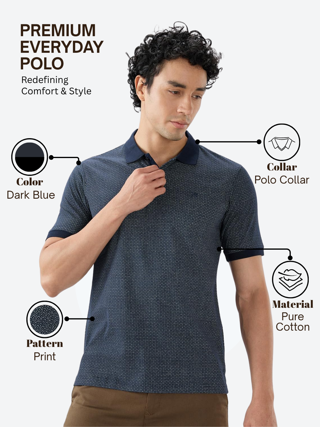 Raymond Men Blue Modern Fit Print Polo Neck Collar T-shirt