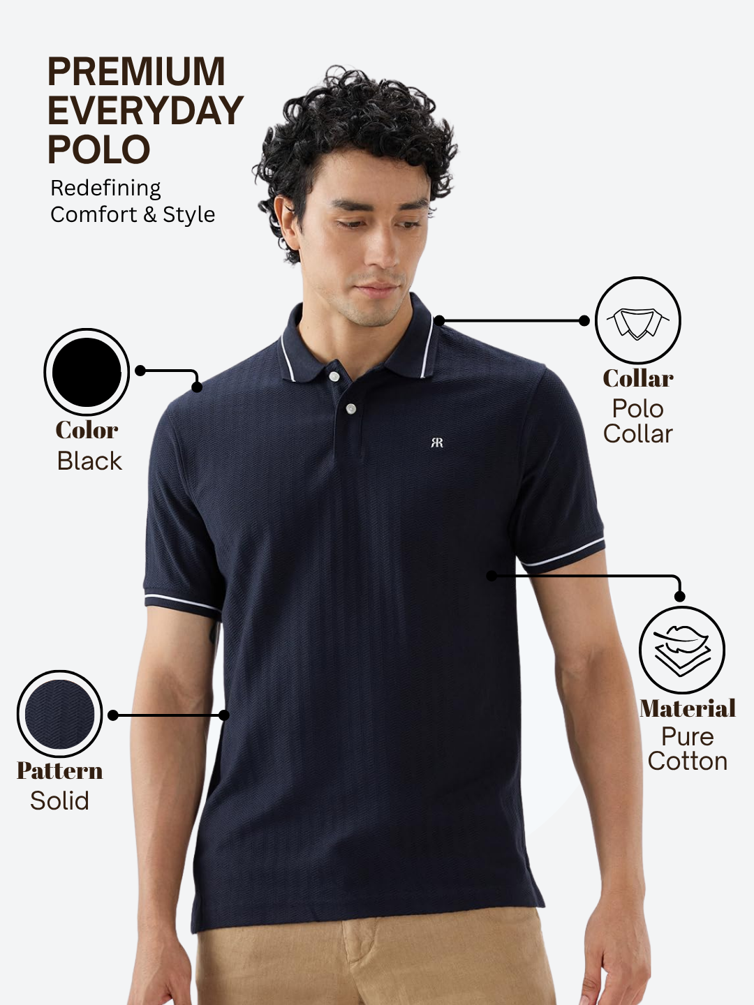 Raymond Men Black Modern Fit Solid Polo Neck Collar T-shirt