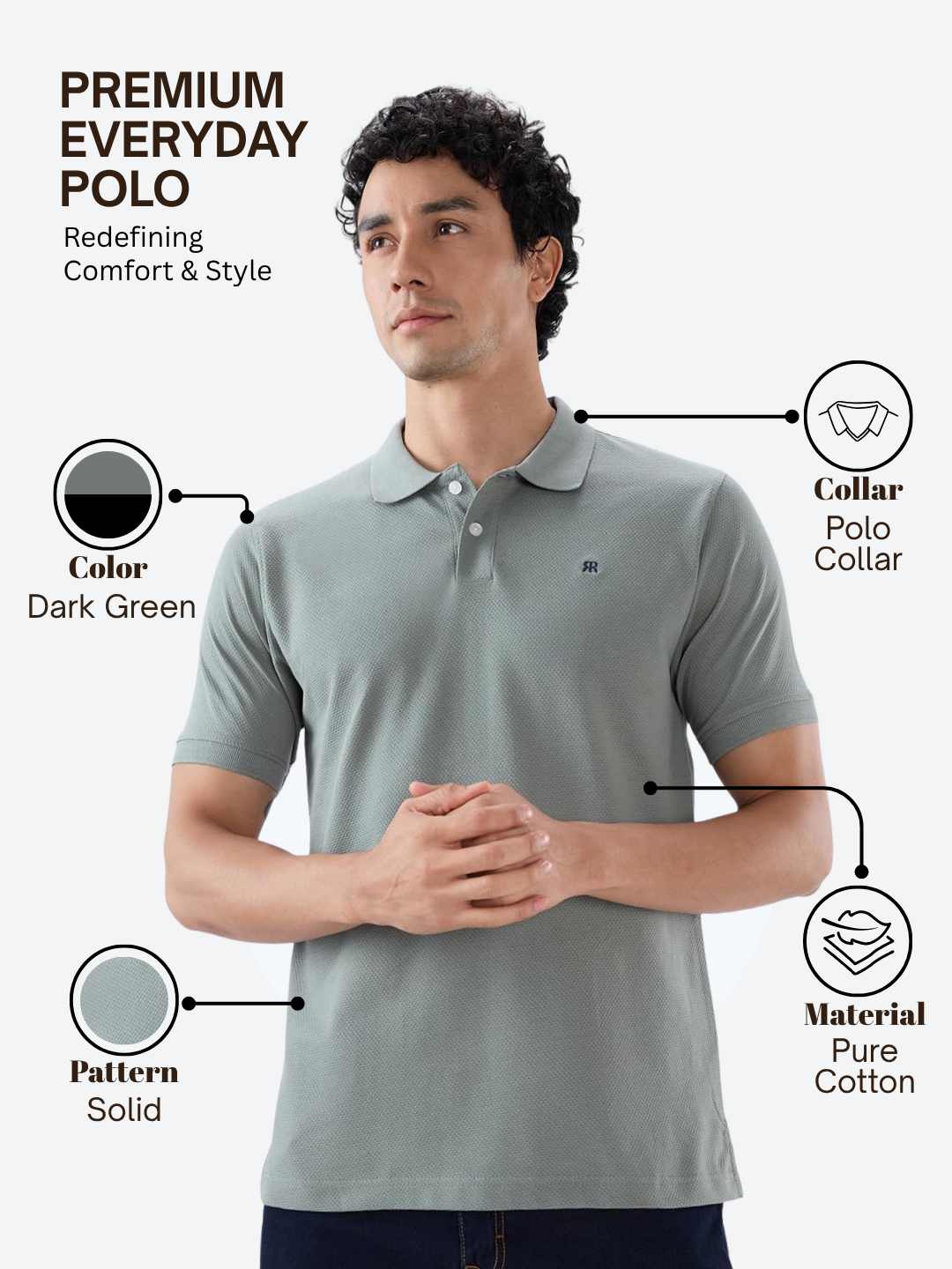 Raymond Men Green Modern Fit Solid Polo Neck Collar T-shirt