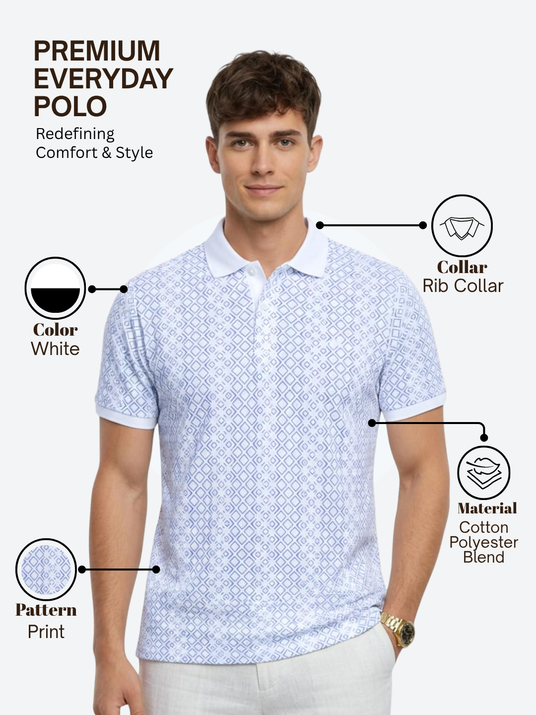 Park Avenue Men White Slim Fit Print Polo Neck Collar T-shirt