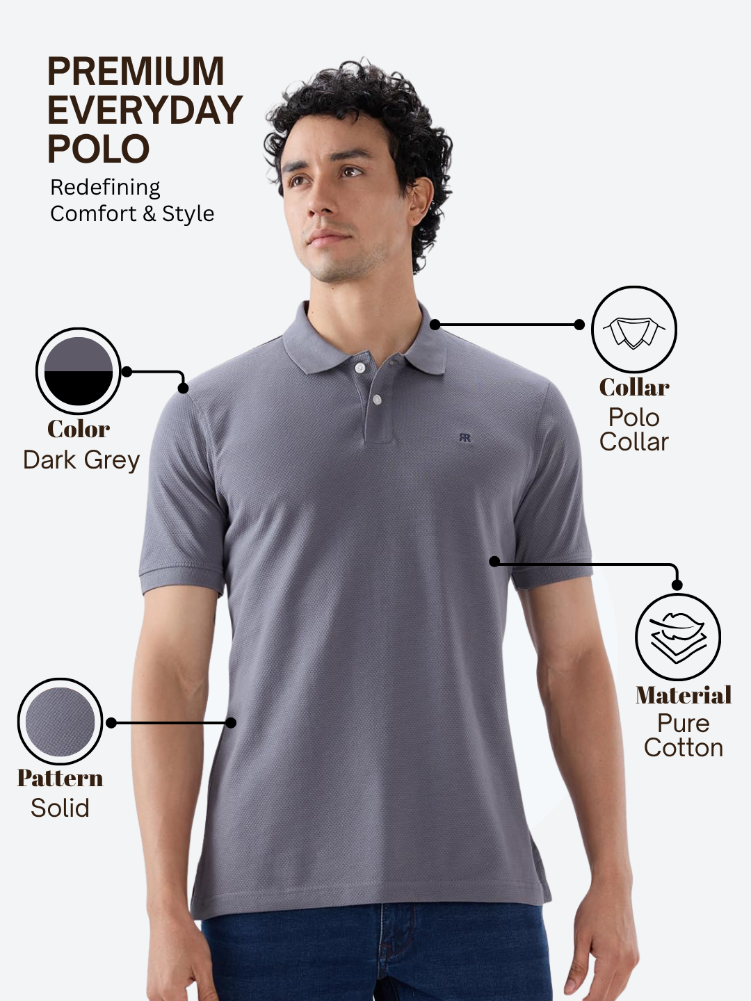 Raymond Men Grey Modern Fit Solid Polo Neck Collar T-shirt
