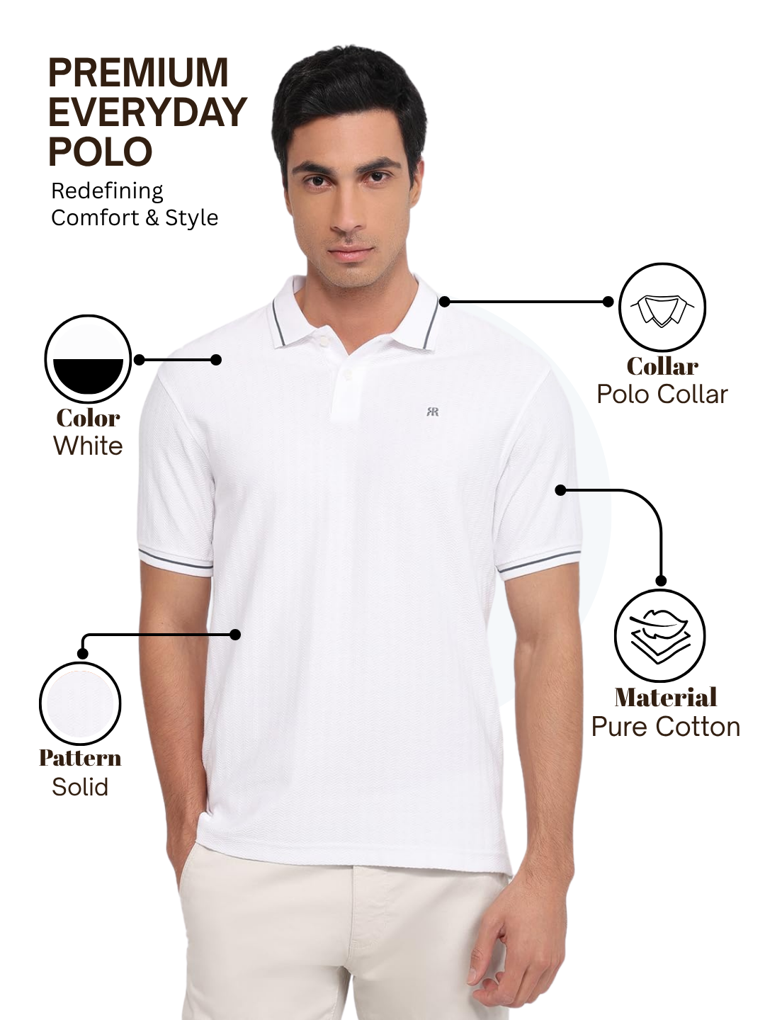 Raymond Men White Modern Fit Solid Polo Neck Collar T-shirt