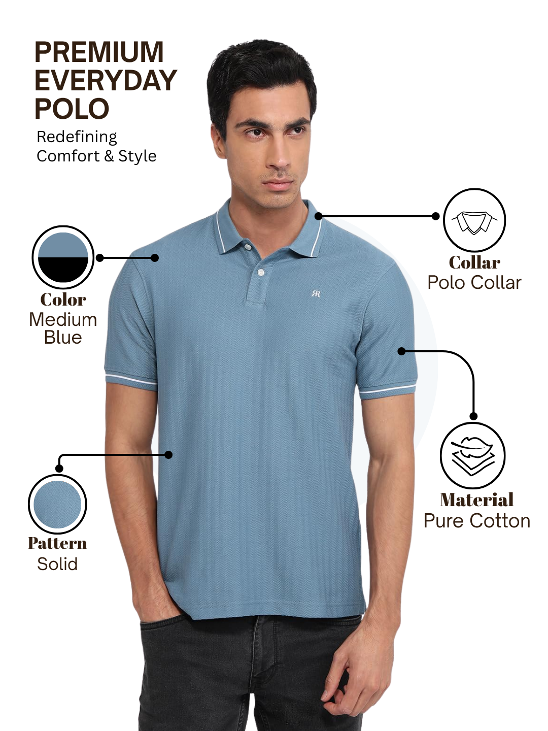 Raymond Men Blue Modern Fit Solid Polo Neck Collar T-shirt
