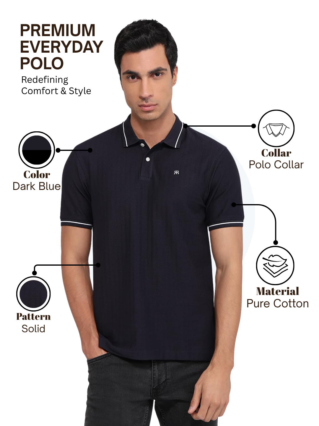 Raymond Men Blue Modern Fit Solid Polo Neck Collar T-shirt