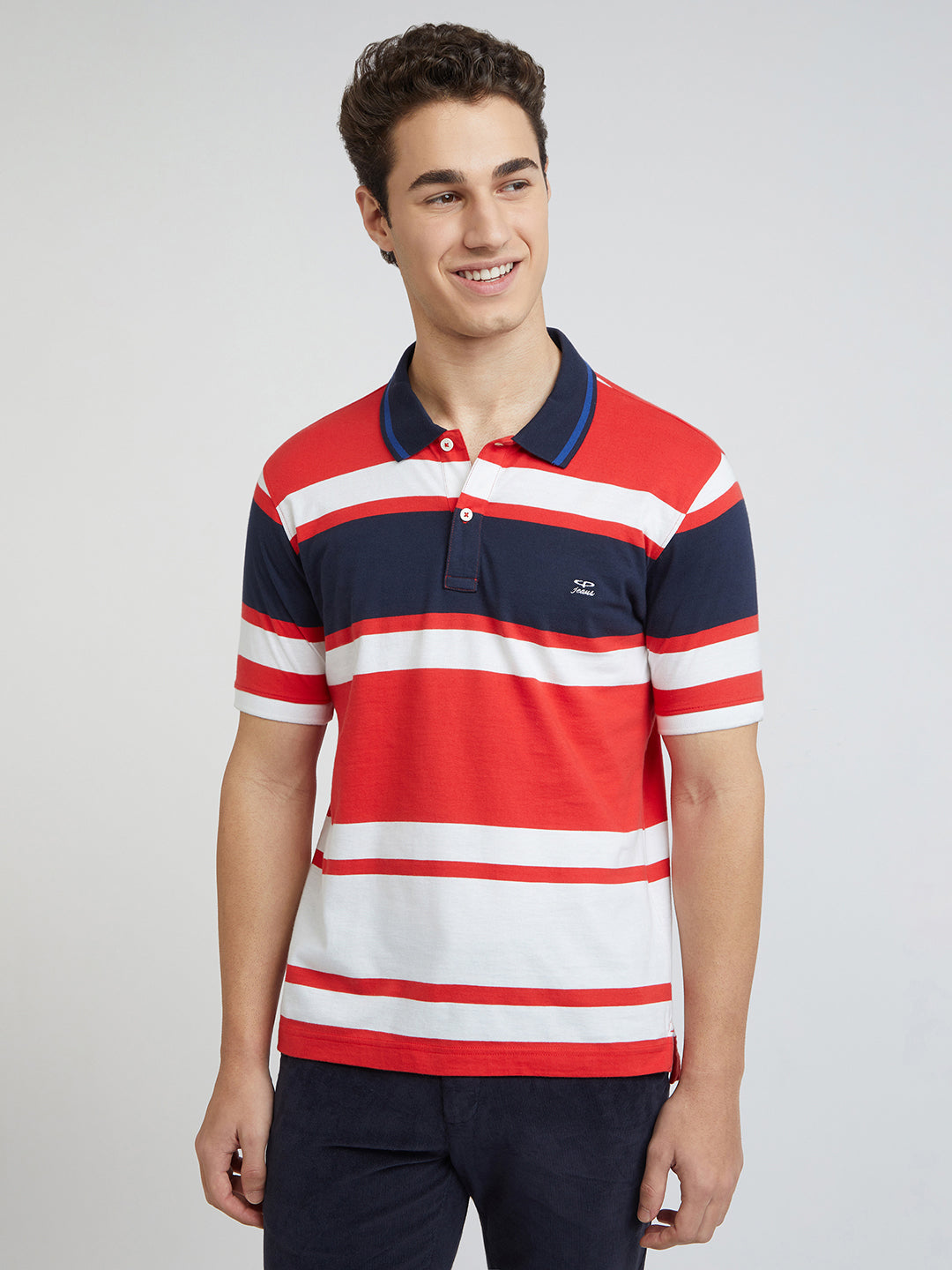 Men Red Tailored Fit Stripe Cotton Half Sleeve Round Neck Collar Polo T-Shirt