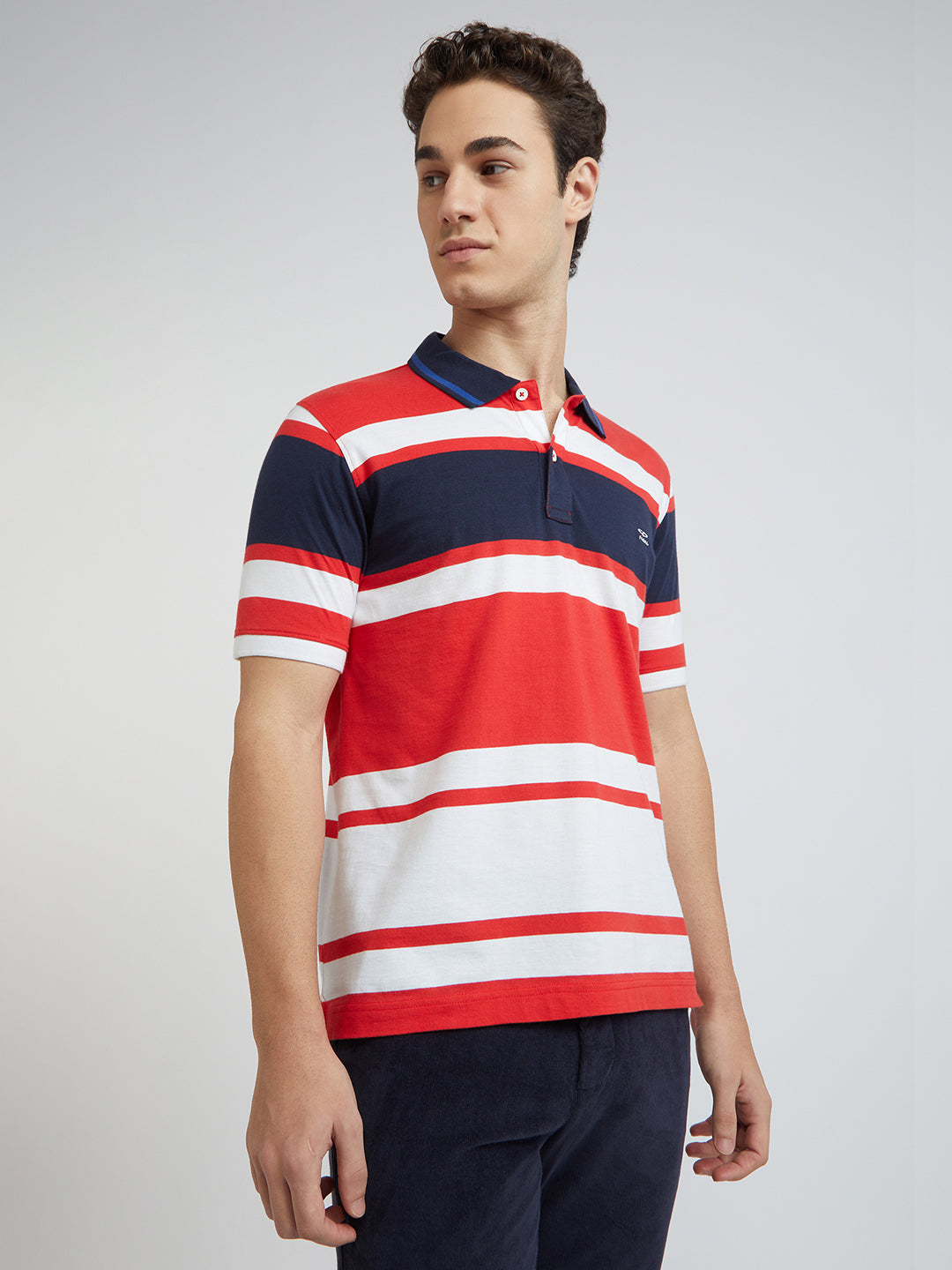 Men Red Tailored Fit Stripe Cotton Half Sleeve Round Neck Collar Polo T-Shirt