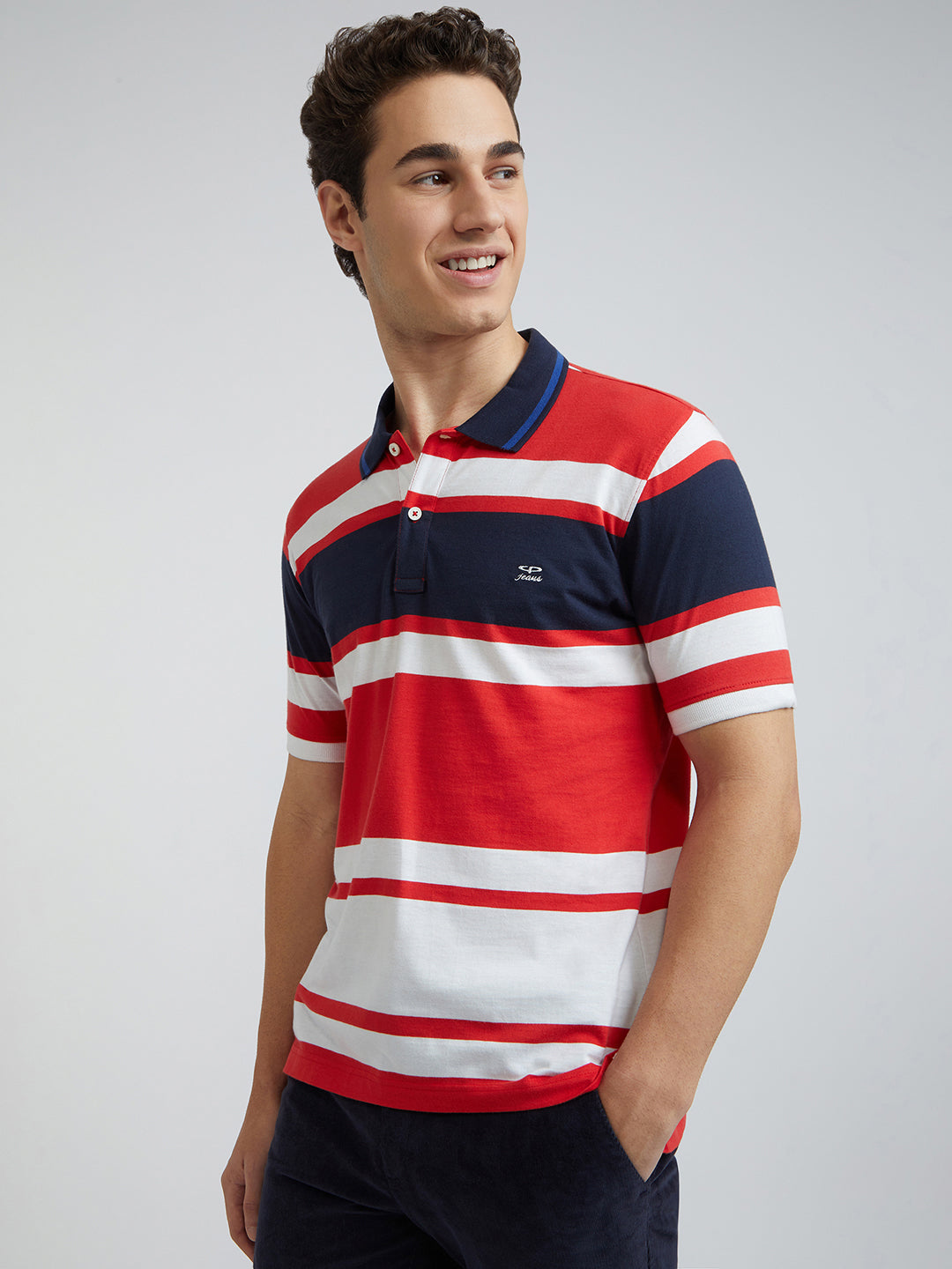 Men Red Tailored Fit Stripe Cotton Half Sleeve Round Neck Collar Polo T-Shirt