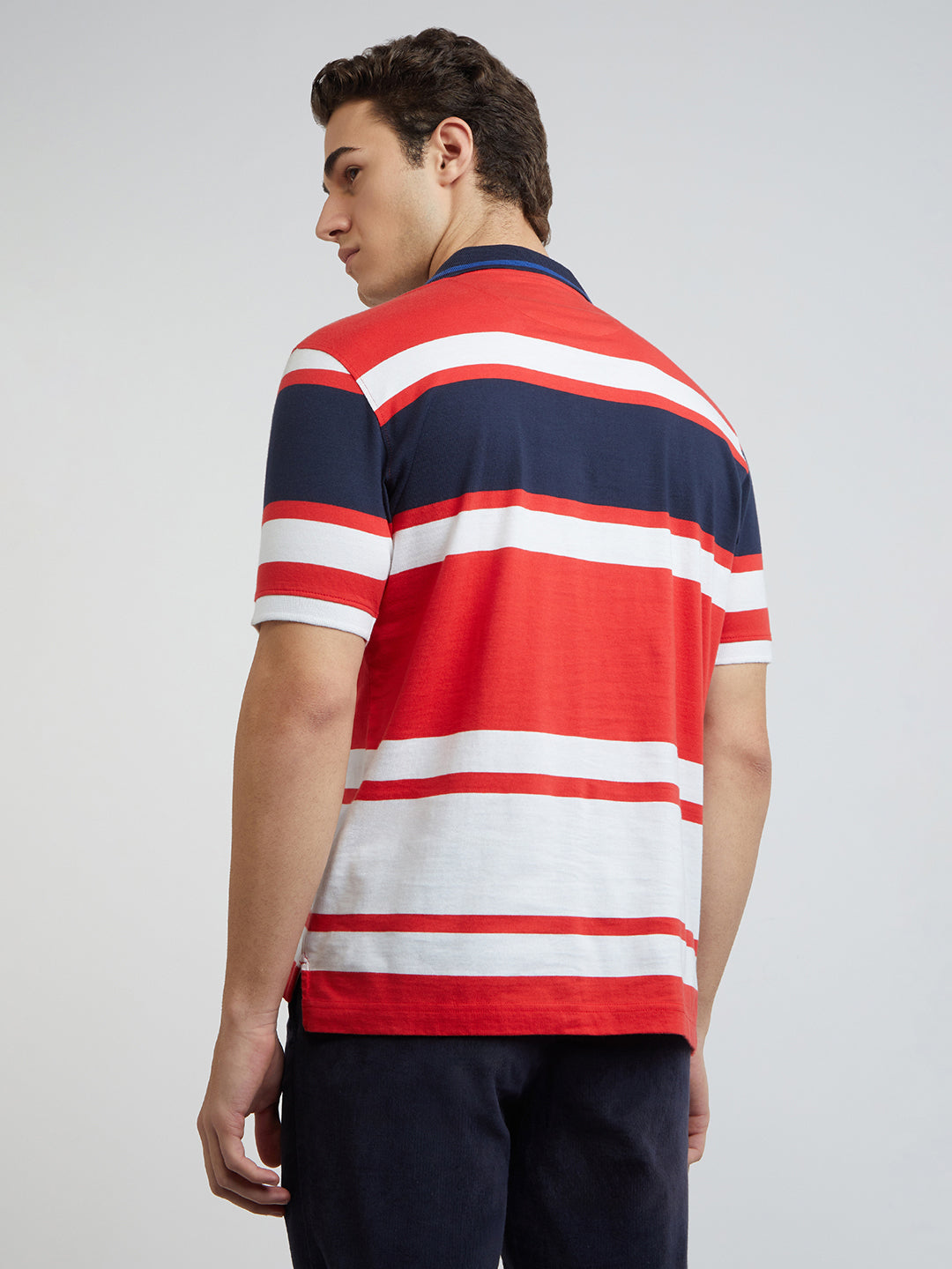Men Red Tailored Fit Stripe Cotton Half Sleeve Round Neck Collar