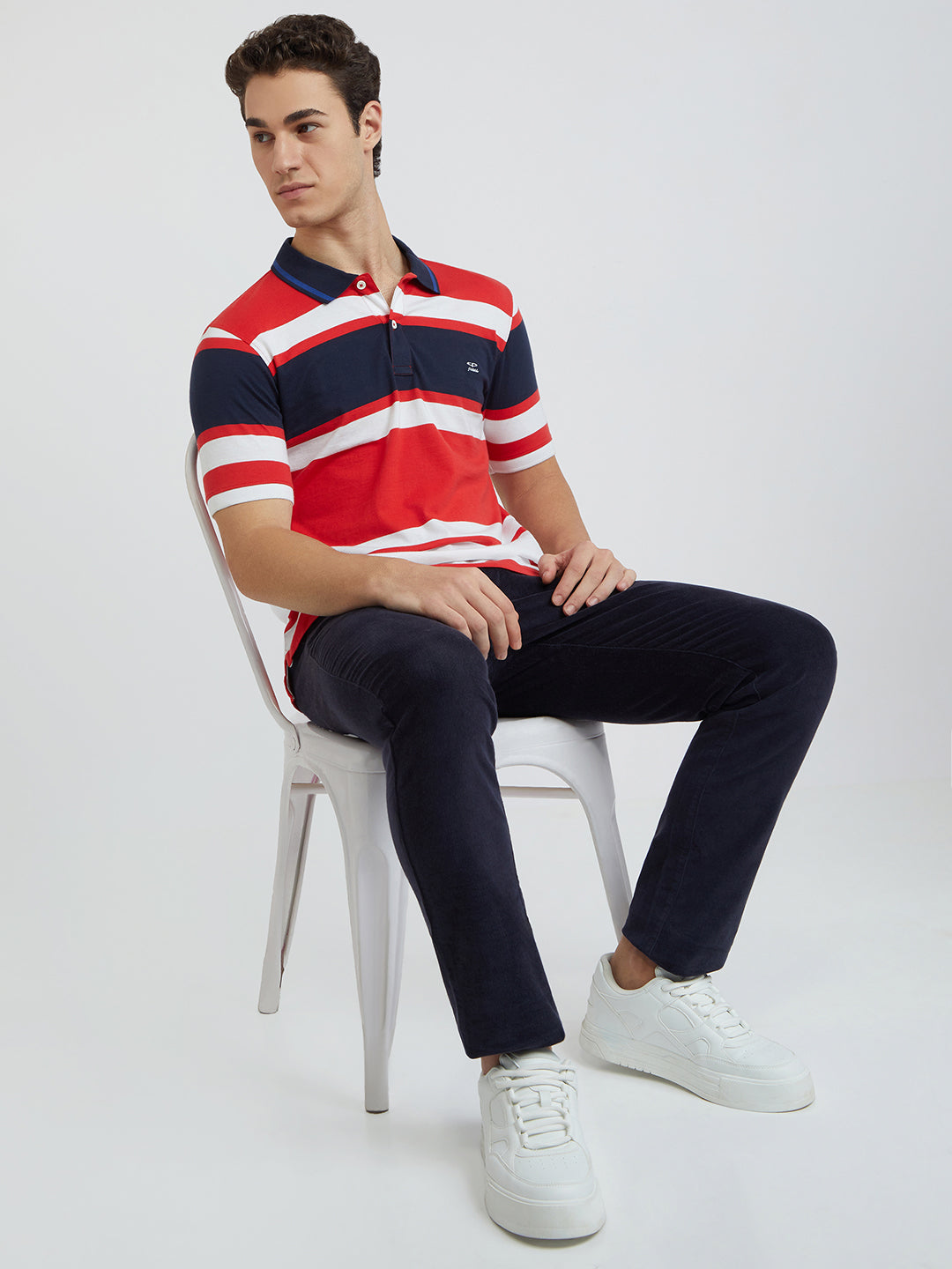 Men Red Tailored Fit Stripe Cotton Half Sleeve Round Neck Collar Polo T-Shirt