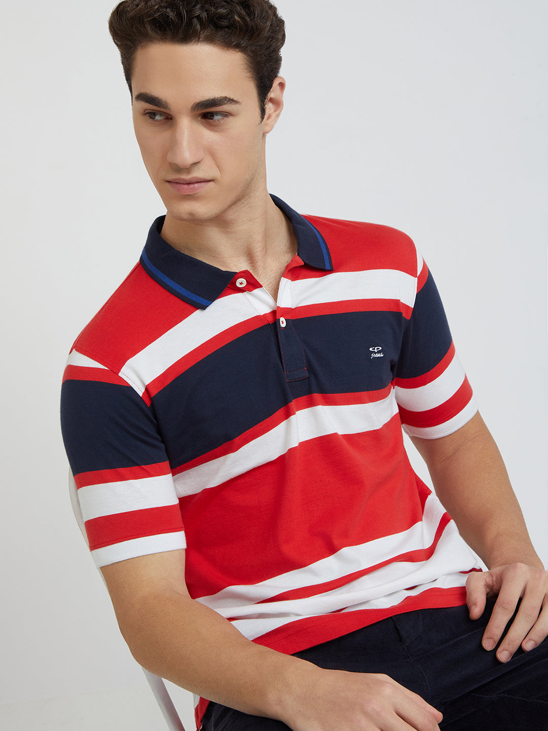 Men Red Tailored Fit Stripe Cotton Half Sleeve Round Neck Collar Polo T-Shirt