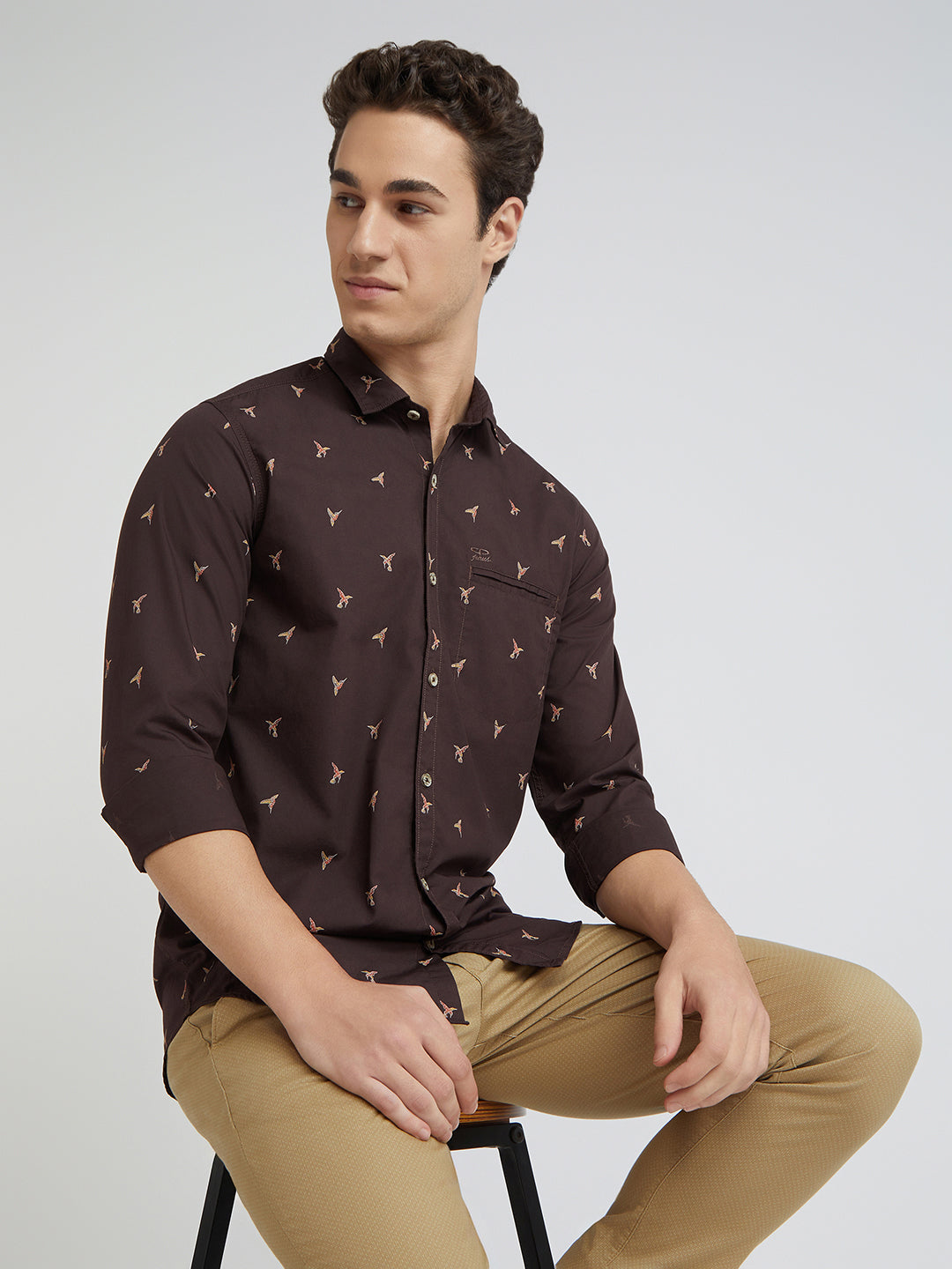 Men Brown Contemporary Fit Print Cotton Full Sleeve Shirts