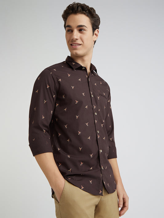 Men Brown Contemporary Fit Print Cotton Full Sleeve Shirts