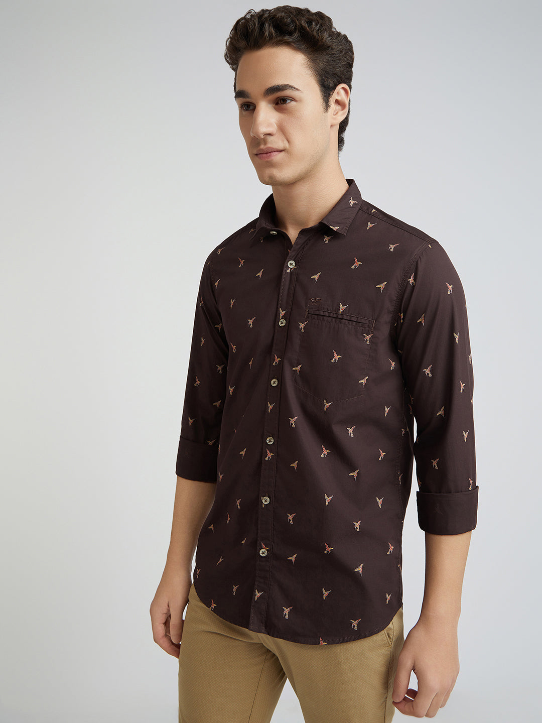 Men Brown Contemporary Fit Print Cotton Full Sleeve Shirts