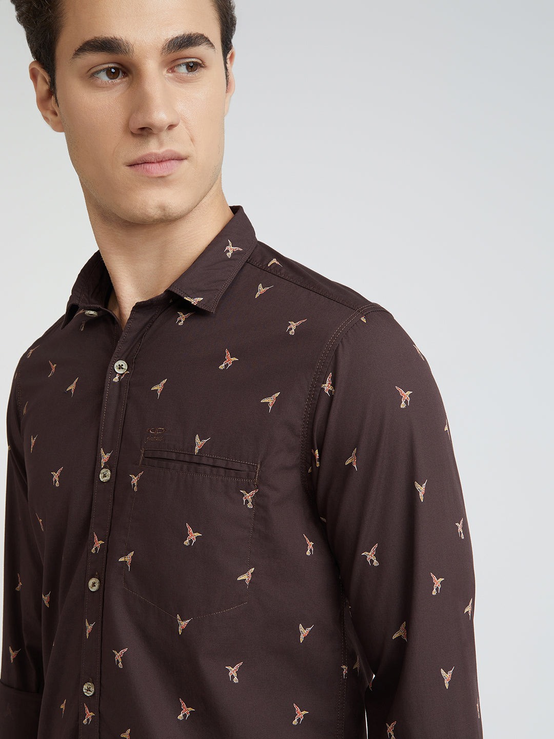 Men Brown Contemporary Fit Print Cotton Full Sleeve Shirts