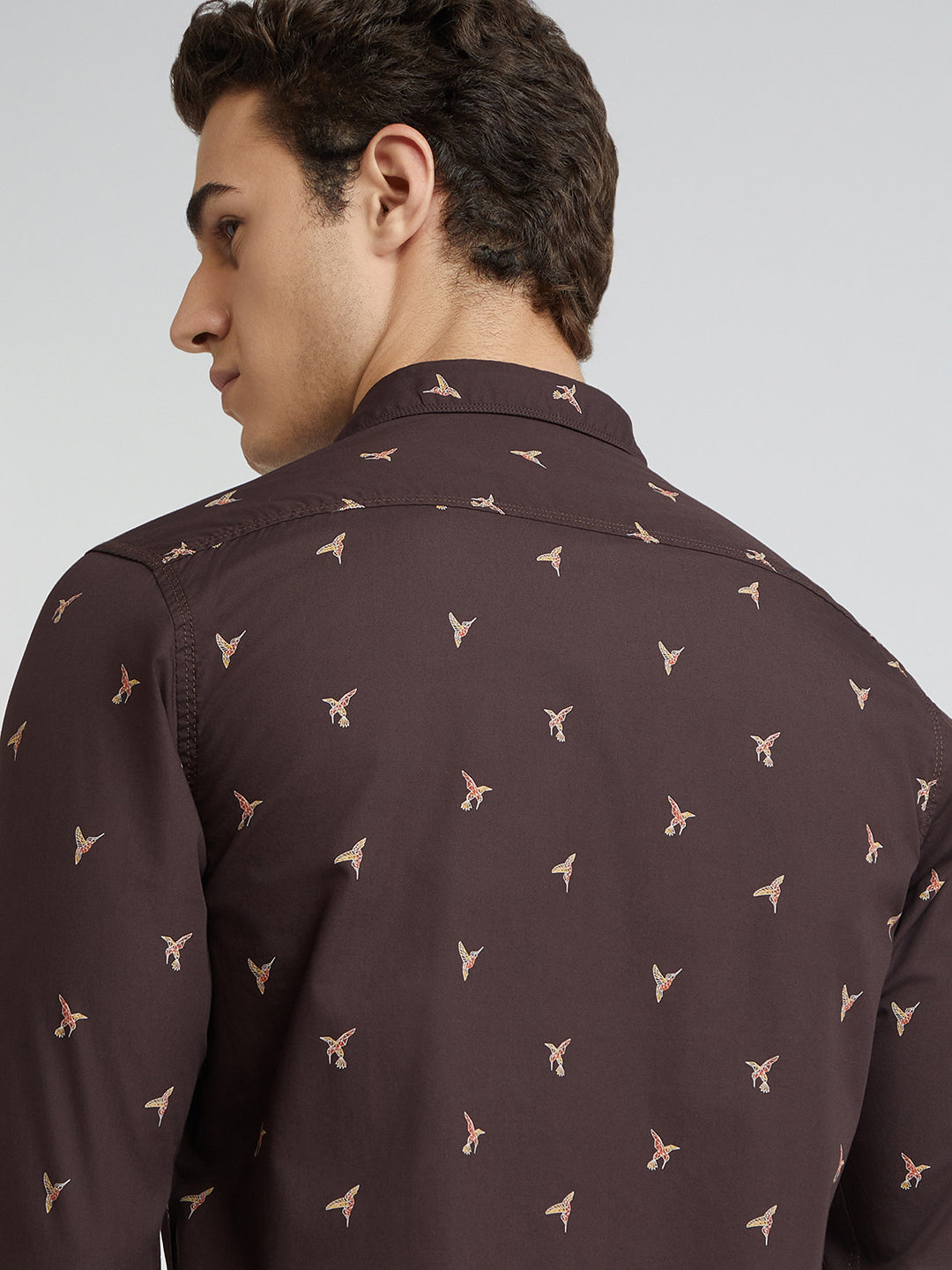 Men Brown Contemporary Fit Print Cotton Full Sleeve Shirts