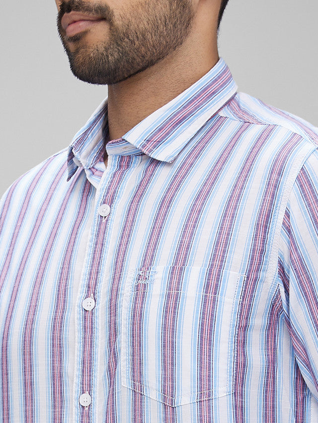 Colorplus Blue Stripe Contemporary Fit Tencel Cotton Blend Casual Shirt