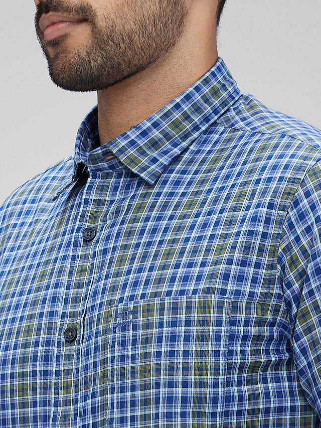 Colorplus Blue Checks Slim Fit Cotton Casual Shirt