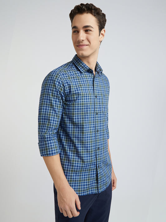 Colorplus Blue Checks Slim Fit Cotton Casual Shirt