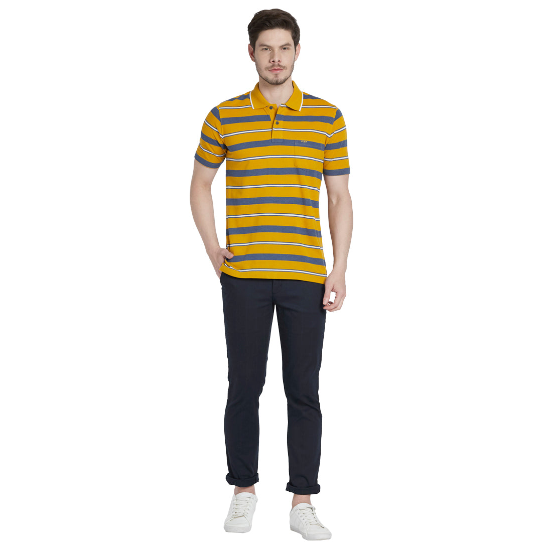 Colorplus Yellow Stripe Classic Fit Half Sleeve Cotton T-Shirt