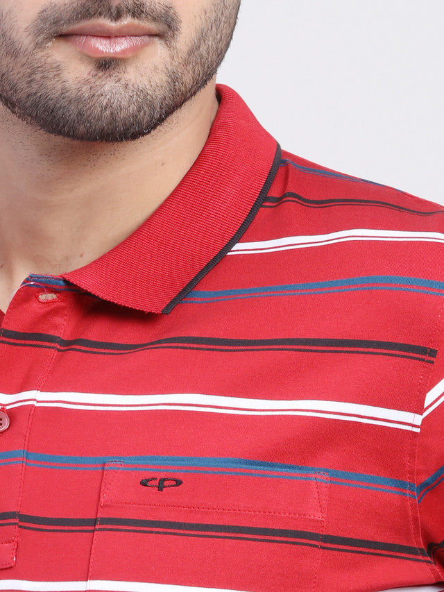 Colorplus Men Red Striped Regular Fit Half Sleeve Polo Neck T-Shirt