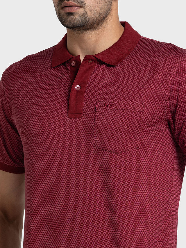 Colorplus Men Maroon Woven Design Tailored Fit Half Sleeve Polo Neck T-Shirt