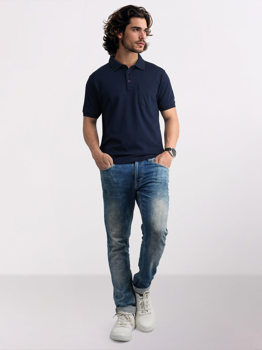 Colorplus Blue Solid Regular Fit Cotton T-Shirt