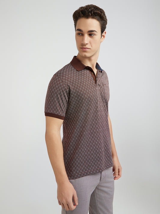 Colorplus Brown Jacquard Regular Fit Cotton T-Shirt