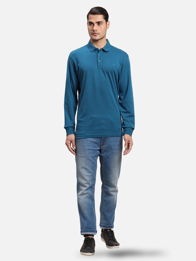 Colorplus Men Blue Solid Regular Fit Full Sleeve Polo Neck T-Shirt