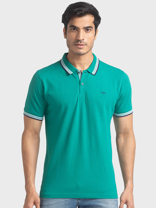 Colorplus Green Solid Tailored Fit Cotton T-Shirt