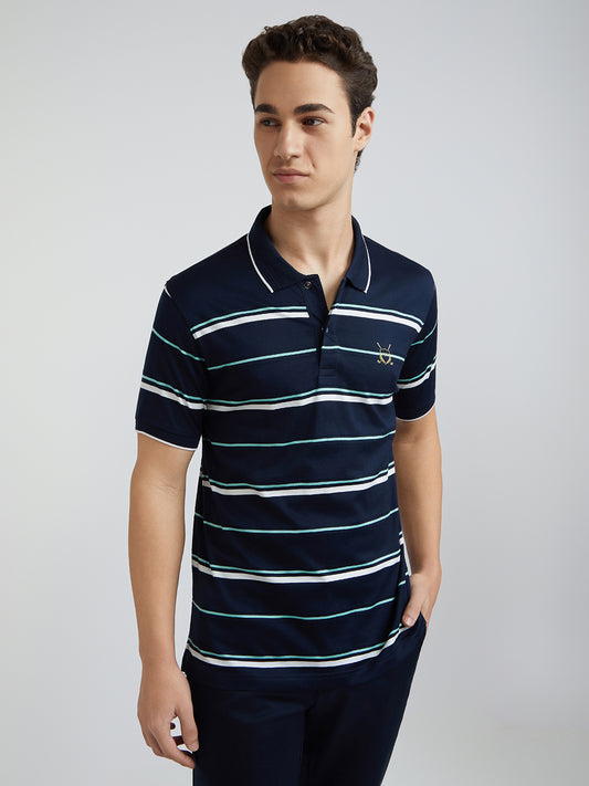 Men Navy Tailored Fit Stripe Engineered Cotton Half Sleeve T-Shirt