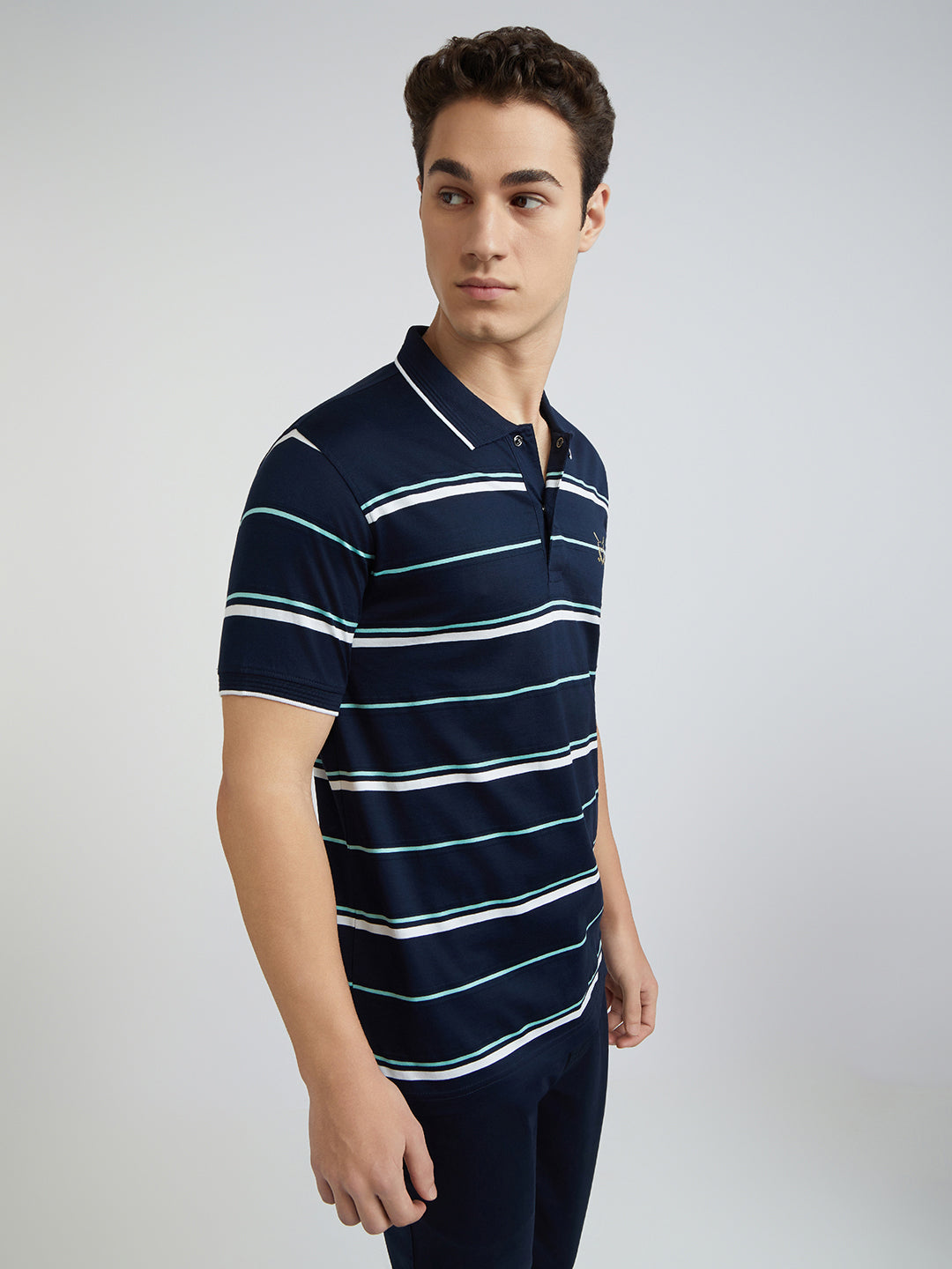 Men Navy Tailored Fit Stripe Engineered Cotton Half Sleeve T-Shirt