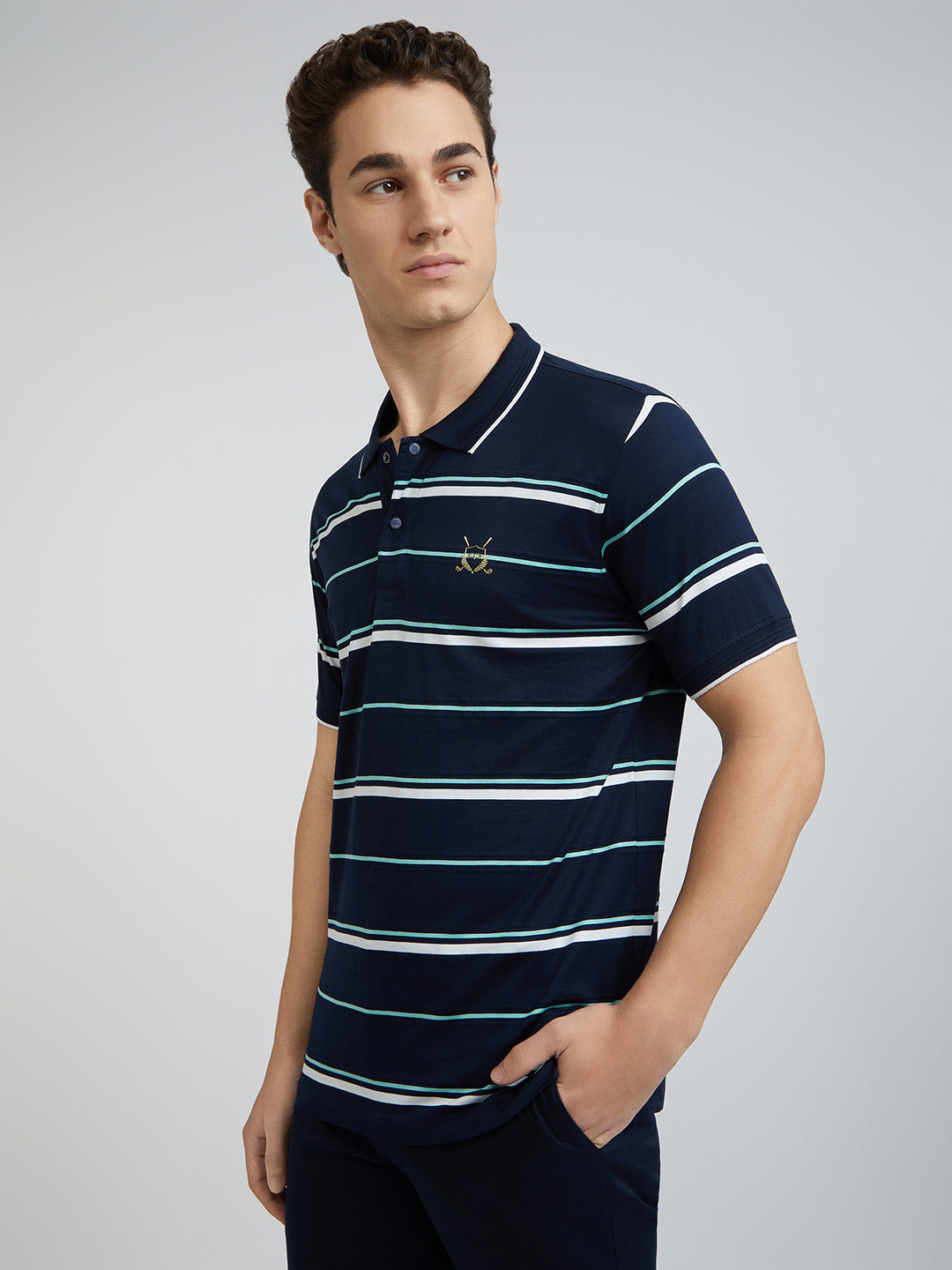 Men Navy Tailored Fit Stripe Engineered Cotton Half Sleeve T-Shirt