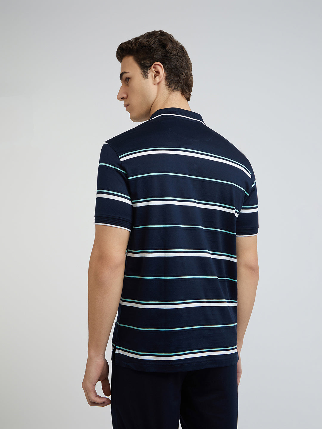 Men Navy Tailored Fit Stripe Engineered Cotton Half Sleeve T-Shirt