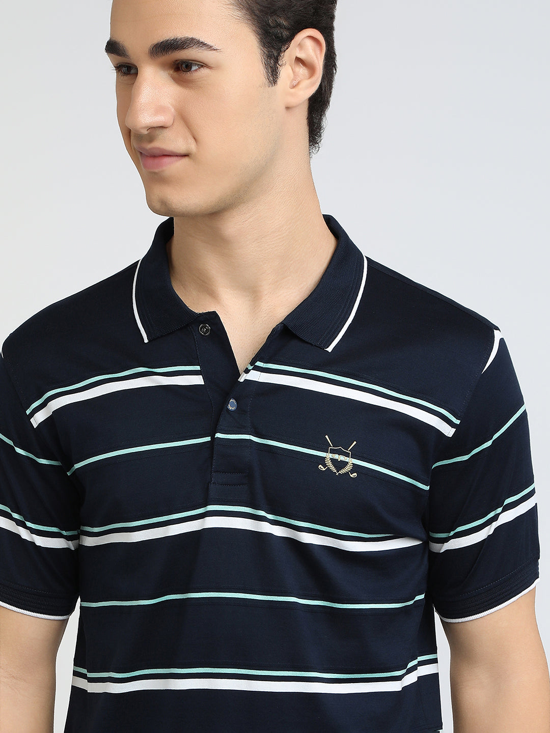 Men Navy Tailored Fit Stripe Engineered Cotton Half Sleeve T-Shirt