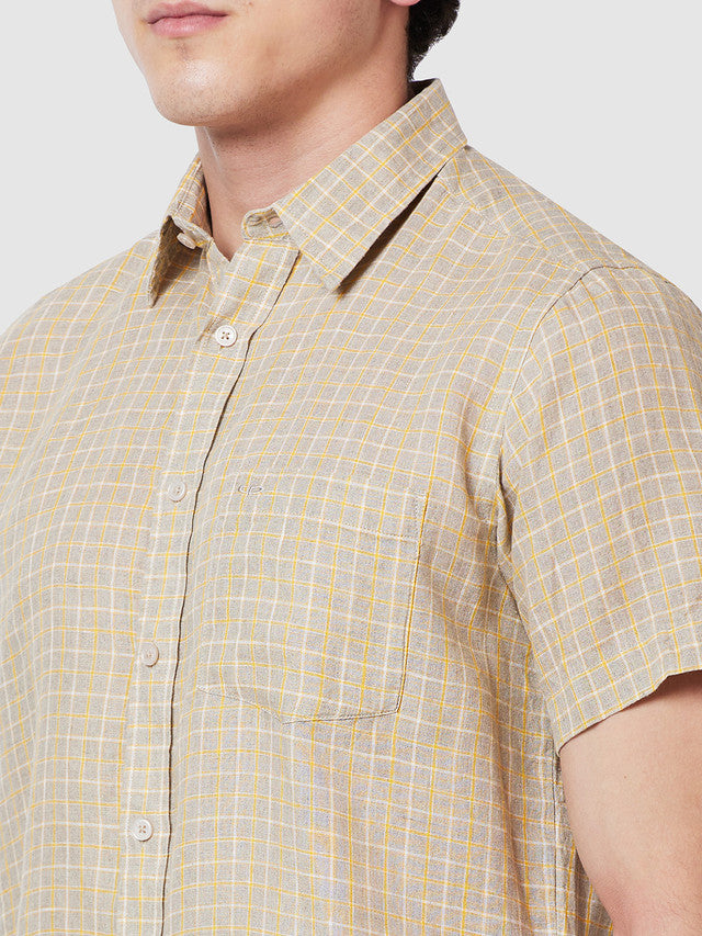 Colorplus Beige Checks Classic Fit Linen Casual Shirt