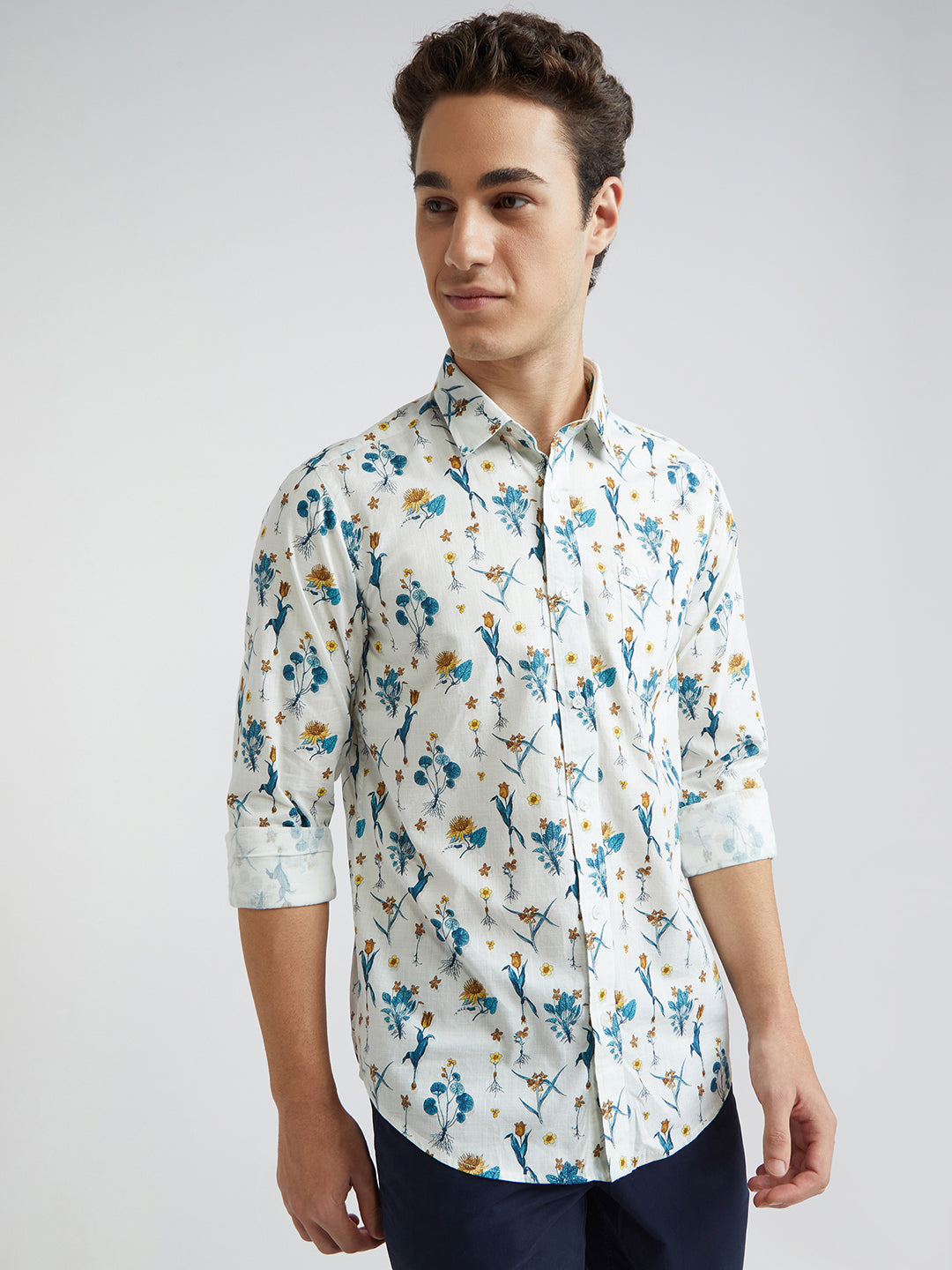 Colorplus White Printed Contemporary Fit Cotton Casual Shirt