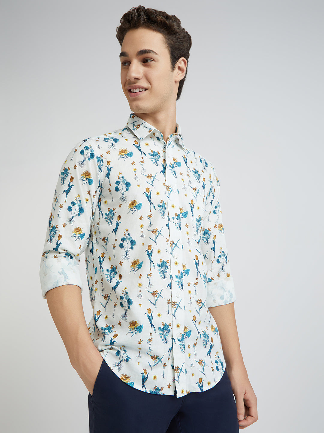 Colorplus White Printed Contemporary Fit Cotton Casual Shirt