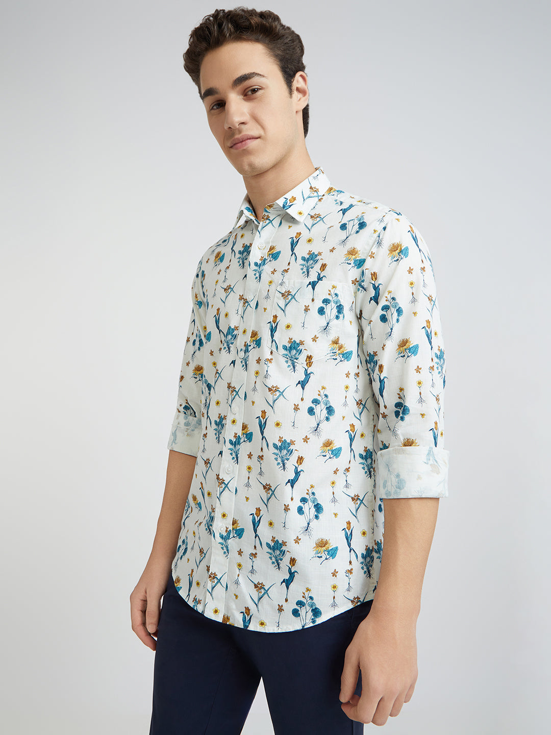 Colorplus White Printed Contemporary Fit Cotton Casual Shirt