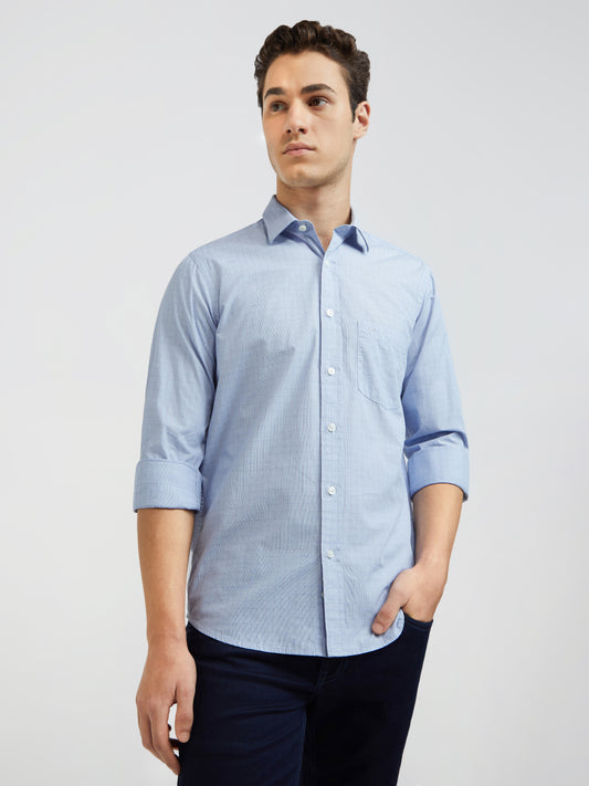 Men Blue Tailored Fit Solid-Dobby Cotton Full Sleeve Shirts