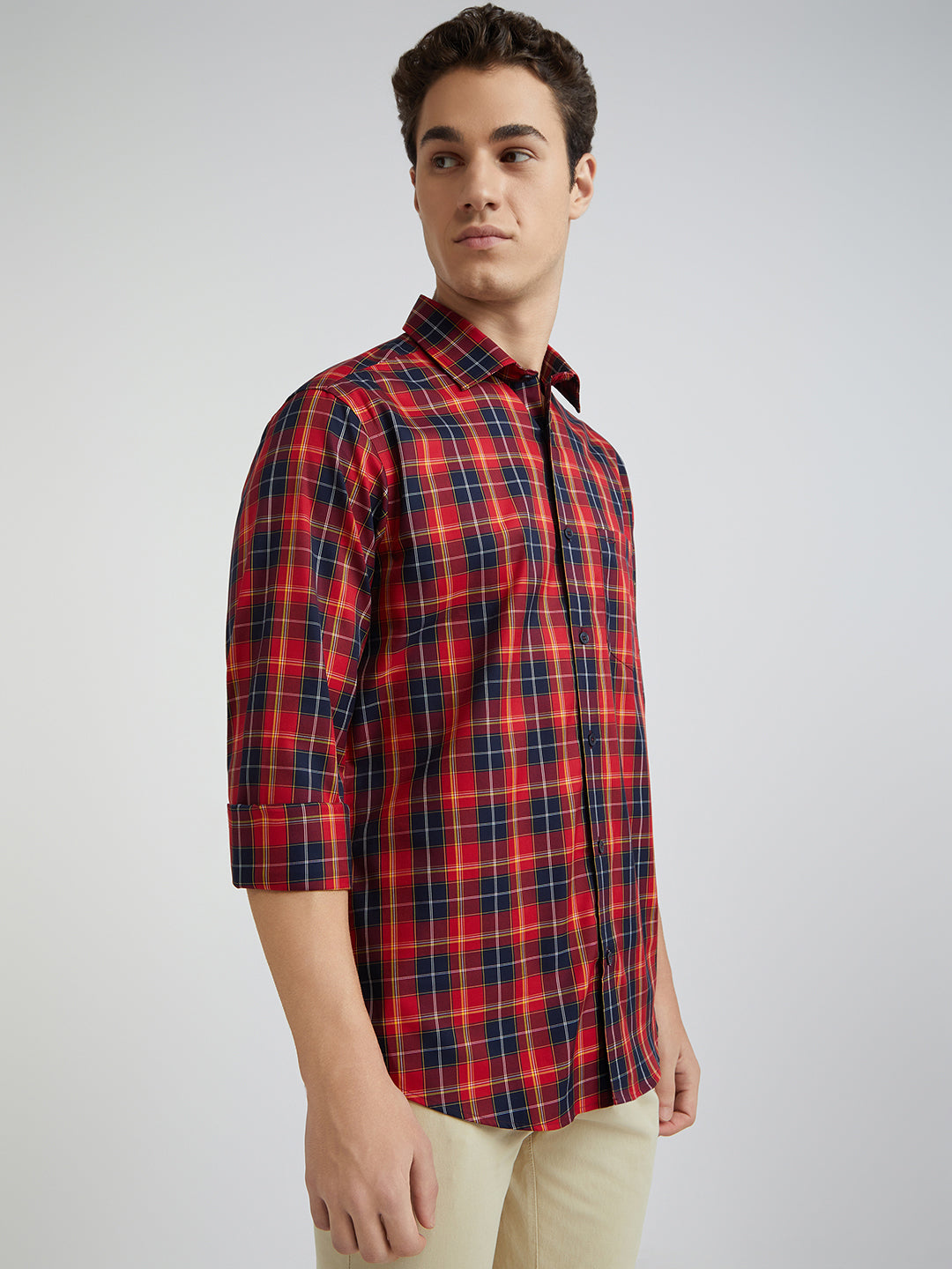 Men Red Tailored Fit Checks Cotton Full Sleeve Shirts