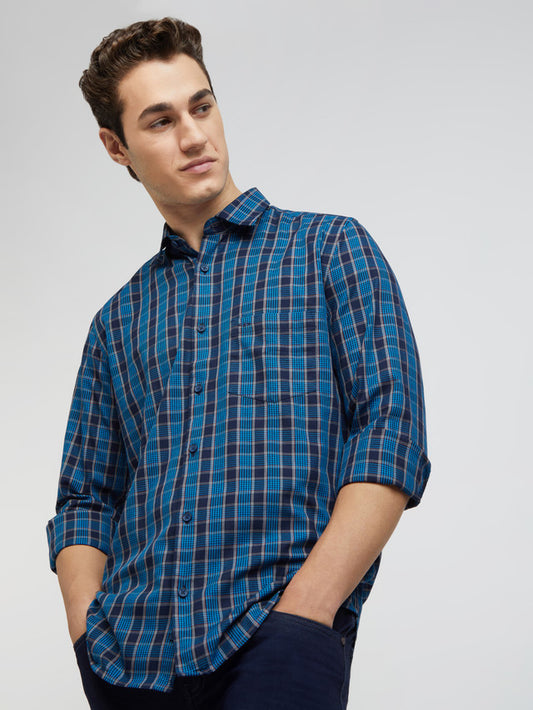 Men Blue Tailored Fit Checks Cotton Full Sleeve Shirts