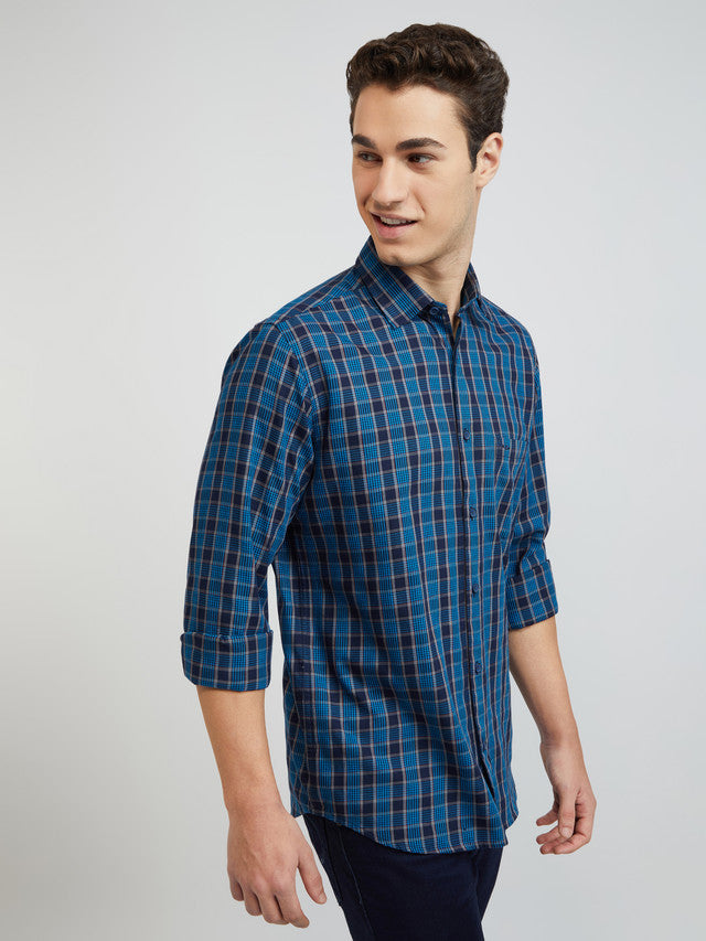 Men Blue Tailored Fit Checks Cotton Full Sleeve Shirts