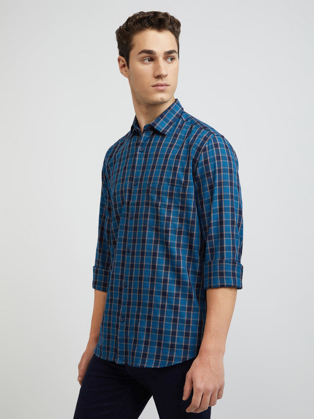 Men Blue Tailored Fit Checks Cotton Full Sleeve Shirts