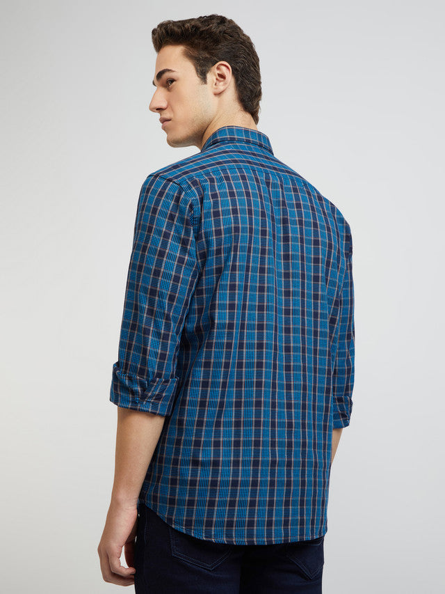 Men Blue Tailored Fit Checks Cotton Full Sleeve Shirts