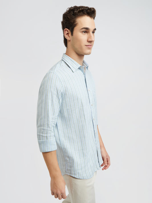 Colorplus Blue Stripe Tailored Fit Linen Blend Casual Shirt